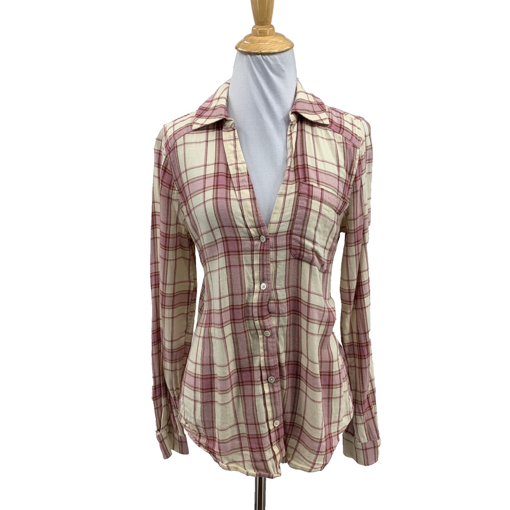 Paige Shirt Womens S Small Ivory Mauve Soft Brushed Cotton Plaid Long Sleeve